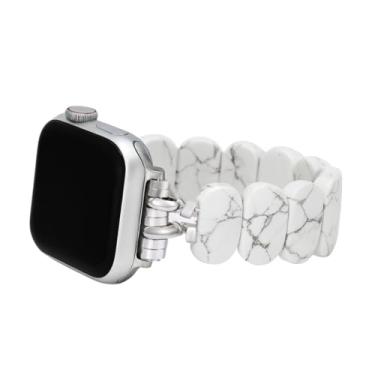 Imagem de Cape Diablo Pulseira feminina para relógio inteligente - pulseira de pedra preciosa feita à mão - compatível com Apple Faces de 38 mm-45 mm (howlita caprichosa, grande de 16,5 a 17,8 cm e elástica)