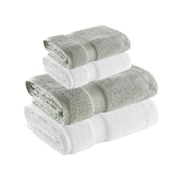 Imagem de Jogo de Toalhas Super Soft Zero Twist 4 Peças - Banhão e Rosto - 500g/m² - Toque Macio, Alta Absorção e Secagem Rápida - Altihaus (Branco/Verde)