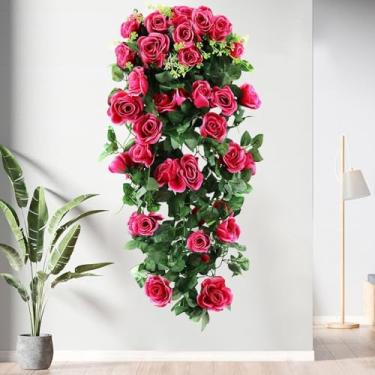 Imagem de 95 cm Flores de rosa artificiais, videira, 19 cabeças, planta falsa, vime, interior, exterior, parede, jardim, decoração de festa de casamento (rosa vermelha)