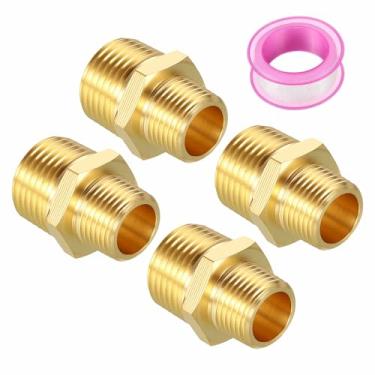 Imagem de Kozelo Pacote com 4 conectores de mangueira de mamilo sextavado de latão sólido MNPT de 1/5.1 cm a 3/20.3 cm MNPT com fita de vedação, adaptador de tubo macho para reparo de vazamento de tubos