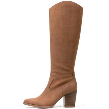 Imagem de MeiLuSi Botas femininas cano alto bico fino camurça salto grosso falso slouchy sapatos altos outono 2025 zíper lateral, Camurça marrom claro, 39