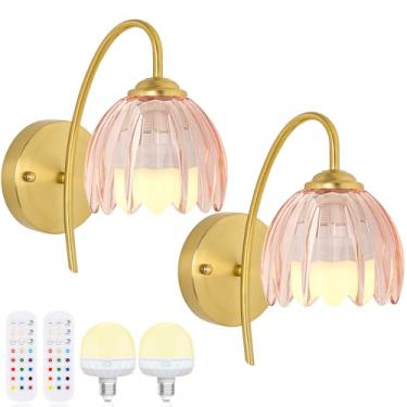 Imagem de FFVU Arandela de parede vintage com abajur de flor, luzes de parede alimentadas por bateria recarregável, lâmpada de parede com 15 cores para quarto, sala de estar, decoração de casa (tulipa rosa, 2