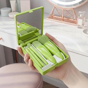 Imagem de Conjunto de 5 pincéis de maquiagem para viagem, portátil, tamanho pequeno, conjunto de pincéis de maquiagem com caixa de espelho para sombra de blushes