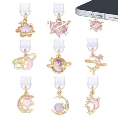 Imagem de PH PandaHall Pingente de plugue de poeira de 8 estilos, pingentes de PVC, plugues à prova de poeira, protetor de porta de carregamento tipo C, com liga de resina, lua, estrela, planeta, pingentes para