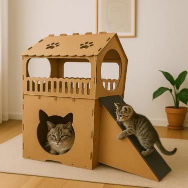 Imagem de Casa de Gato，Casa de Gato Com Arranhador，ôNibus de Dois Andares，Material de Madeira Mdf，Perfeito para o Seu Querido Animal de EstimaçãO Brincar e Descansar(Cru)