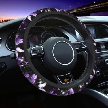 Imagem de Capa de volante de borboleta roxa linda borboleta acessórios de carro roxo capa de volante universal de 38 cm capa de volante feminina antiderrapante resistente ao calor