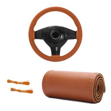 Imagem de MUQIDA Capa de volante de couro genuíno, capa de volante com costura respirável de 38 cm antiderrapante, protetor de costura faça você mesmo com linha de agulha (marrom, brilhante)