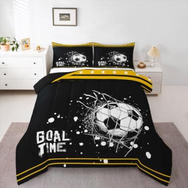 Imagem de Erosebridal Jogo de cama solteiro com estampa de futebol americano, gol de futebol americano, jogo de bola esportiva, para crianças, adolescentes e adultos, preto e amarelo, estrelas listradas, 1