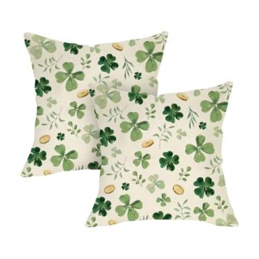 Imagem de Fjfz Conjunto de 2 capas de almofada decorativas Dia de São Patrício 45,7 x 45,7 cm, trevo da sorte, moedas douradas, varanda ao ar livre, decoração de casa, folhas de primavera irlandesas, sofá