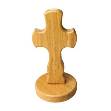 Imagem de KiBcsLic Cruz ornamental de madeira com base, decoração religiosa elegante e da Santa Cruz de Jesus para sala de estar, mesa de aniversário, Base Redonda