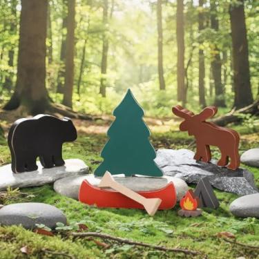 Imagem de Yookeer 5 peças de decoração de mesa de madeira para prateleira de floresta urso alce barco canoagem remo montanha placa de mesa de madeira presentes rústicos para cabana chalé casa berçário decoração