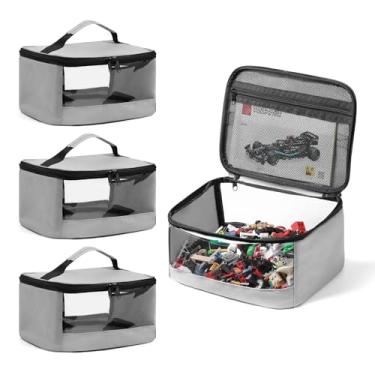 Imagem de 4 bolsas de armazenamento de brinquedos, bolsa organizadora de brinquedos de PVC transparente com bolso manual para tijolos de construção clássicos, quebra-cabeças, carros de brinquedo, tamanho grande