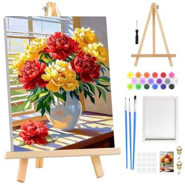 Imagem de Kit de pintura de flores por números para adultos iniciantes emoldurado com cavalete de madeira, kits de pintura por número para adultos Sunshine em tela, janela faça você mesmo, pintura a óleo