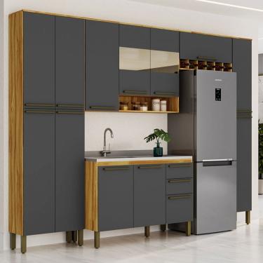 Imagem de Armário de Cozinha com Balcão para Pia 13 Portas 2 Gavetas Xangai 100% Mdf Vidro Reflecta Amêndoa/Cinza - Pnr Móveis