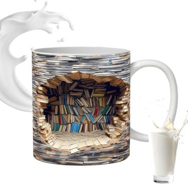 Imagem de Caneca de café de livro, padrão plano 2D 350 ml caneca de café biblioteca - caneca de cerâmica novidade para leitores, homens, mulheres, amantes de livros, latte, água, casa, cozinha, bar, clube