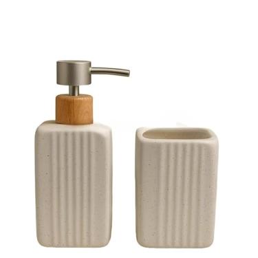 Imagem de Kit Banheiro de Cerâmica 2 Peças – Dispenser Porta Sabonete Líquido e Porta Escova de Dente | Ideal para Lavabo e Decoração Elegante(ÔNIX BRANCO)