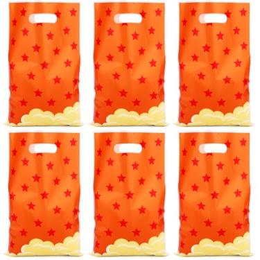 Imagem de 50 Sacolas de Presente com Tema Anime, 25x16,5cm Sacolas de Plástico para Lembrancinhas com Alças Estampa Estrelas Amarelas e Vermelhas para Festas Aniversário