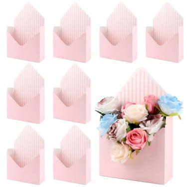 Imagem de 10 caixas de envelope para buquê de floristas, pacote de buquê de flores em estilo listra rosa, caixas de papel dobráveis de presente para arranjos de floristas, casamentos, aniversários, dia das mães
