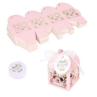 Imagem de BUNCHBRAVO Caixas de doces da Torre Eiffel com fita e etiquetas, conjunto de 50 peças, caixas de lembrancinhas cortadas a laser de pérola para casamento, chá de panela, festa de aniversário (rosa)