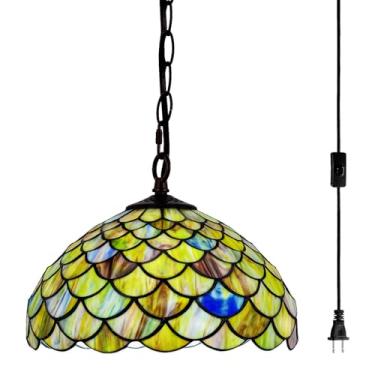Imagem de GILGGAK Luminária pendente de vidro manchado estilo Tiffany, lâmpada suspensa com design de escama de peixe de 30,5 cm de largura, corrente de 15 pés, cordão de 30,5 cm, sala de jantar, quarto