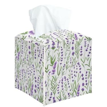 Imagem de Capa quadrada de caixa de lenços de flores de lavanda, suporte de caixa de lenços decorativo para quarto, banheiro, cozinha, escritório, bancada, organizador de papel facial de couro - 25