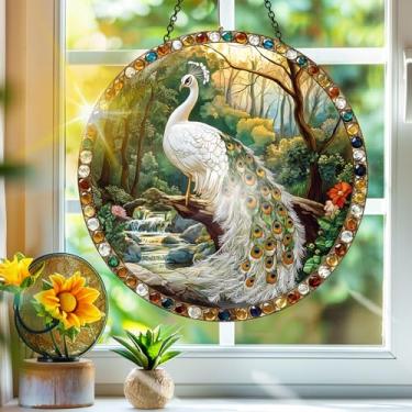 Imagem de Acrílico colorido, apanhador de sol, decoração de janela suspensa de pavão, arte de parede de arco-íris, para sala de estar, quarto, varanda, interior e exterior, jardim, ornamentos de flores, 19 x 19