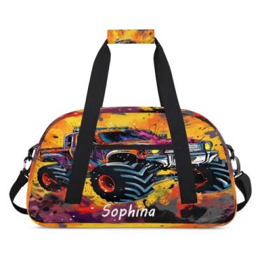 Imagem de Bolsa esportiva personalizada, caminhão de desenho animado colorido com nome, bolsa de dormir personalizada, bolsa de fim de semana, bolsa de treino para dança, balé, academia, ginástica, mala, viagem