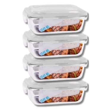 Imagem de KIT 4 Potes de Vidro Retangular com Tampa Hermética 1040ml Cor:Branco