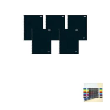 Imagem de Kit Caderno Universitário Zip Preto 80F + Caneta Esferográfica Pote com 24 + Marcador Artístico Brush 10 Cores