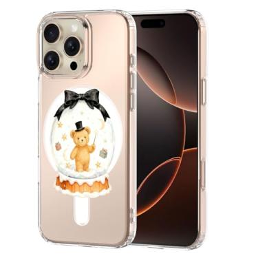 Imagem de MAYCARI Capa de telefone de Natal para iPhone 16 Pro compatível com ímã bola de cristal urso mágico transparente capa de telefone magnética para meninas mulheres capa protetora à prova de choque TPU
