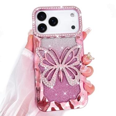 Imagem de Bonoma Capa com glitter para iPhone 17 Pro Max linda 3D diamante borboleta gradiente capa com padrão de revestimento gradiente, proteção de câmera de strass luxuosa, capa traseira macia e brilhante