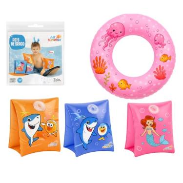 Imagem de Kit Boia Infantil Boia Circular Par de Boias de Braço Estampas Sortidas Flutuador para Piscina e Praia (ROSA)