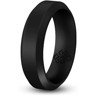 Imagem de Anel de casamento de silicone Teoria de nó para homens e mulheres: Anéis de borracha não volumosos superiores - Qualidade premium, estilo, conforto - Pulseiras ideais para academia, trabalho, caça, esportes e viagens, Black Bevel Comfort Fit, Size 10 (6mm Bandwidth)