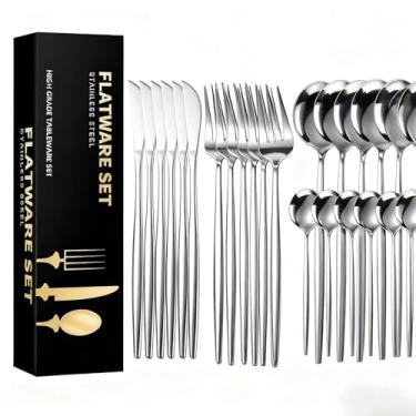 Imagem de AUXOM Faqueiro 24 Peças em Aço Inox 416 - Jogo de Talheres Premium com Caixa Litografada, Polido e Espelhado de faca e garfo Conjunto para Mesa Posta e Utensílios de Casa/Restaurante (Prata)