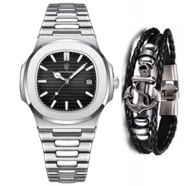 Imagem de Relógio De Aço Inox Masculino Original Poedagar + Bracelete  Âncora - 