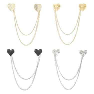 Imagem de Airssory 4 peças, 2 estilos, alfinetes de lapela de coração preto e branco, broche de strass com correntes de borla, suportes de colarinho, decoração para terno, camisa, vestido e suéter