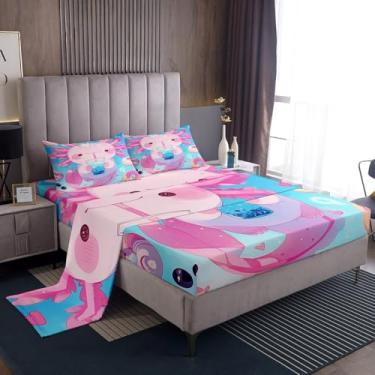 Imagem de Erosebridal Jogo de cama solteiro Kawaii Axolotl, sobremesa rosa, donut, para crianças, meninas, meninos, lençol com elástico e 1 fronha para decoração de quarto