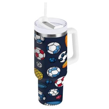 Imagem de Kigai Copo de futebol colorido de 1,134 g com tampa e canudo, copo isolado de aço inoxidável durável à prova de vazamento com alça, garrafas de água à prova de derramamento para viagens