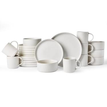 Imagem de Famiware Conjunto de louça Star com canecas, serviço para 6 (24 peças), conjuntos de pratos e tigelas de grés canelados, resistente a lascas e arranhões, seguro para micro-ondas e lava-louças, branco