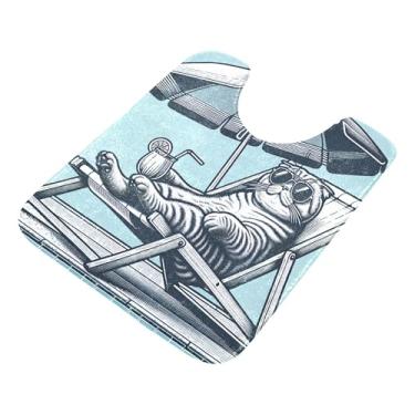 Imagem de Burbuja Tapete de banheiro com gato deitado em uma cadeira de descanso, tapete de banho absorvente de pelúcia macio, base de vaso sanitário antiderrapante para piso de banheiro, oval em forma de U