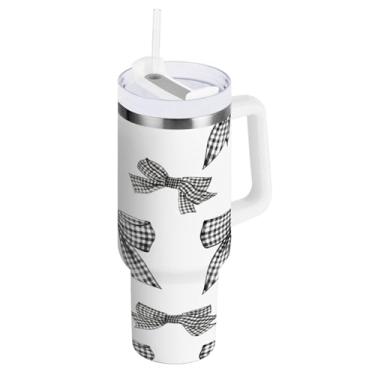 Imagem de Kigai Copo térmico de 1,134 g com alça, laço guingão preto e branco copos isolados com tampa e canudo, garrafa de água esportiva grande de metal, caneca de café de viagem de aço inoxidável