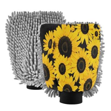 Imagem de STAYTOP Luvas de lavagem de carro girassóis 2 peças, luvas de microfibra de chenille, sem arranhões, panos de esponja de lavagem ultra absorventes para carros, limpeza doméstica - G
