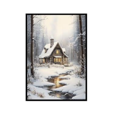 Imagem de Pôster de paisagem de Natal inverno fazenda alce pinhas boneco de neve natureza pintura em tela impressão de parede decoração de sala de estar (SKU2,20,3x30,5 cm = (20x30 cm), moldura preta)