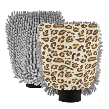 Imagem de STAYTOP Lindas luvas de lavagem de carro com estampa de leopardo, 2 peças, luvas de microfibra de chenille, sem arranhões, panos de esponja de lavagem ultra absorventes para carros, limpeza doméstica