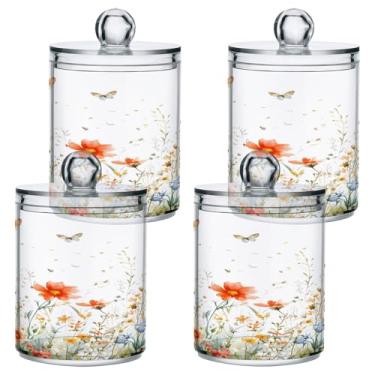 Imagem de STAYTOP 4 frascos de boticário de flores silvestres e borboletas Qtip para banheiro com etiquetas - Recipiente de armazenamento Qtip de plástico transparente para bola de algodão, cotonete, grão de
