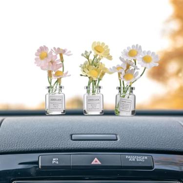 Imagem de 3 peças decorações de painel de carro flores acessórios de carro margaridas flores decoração bonito carros acessórios para mulheres rosa, branco, amarelo