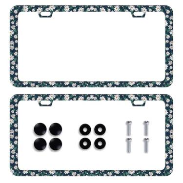 Imagem de 2 unidades de moldura de placa de licença de margarida personalizada linda margarida floral suporte de placa de licença para etiquetas dianteiras ou traseiras de carro de aço inoxidável decoração de