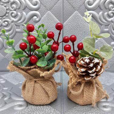 Imagem de Arranjos Enfeite Mesa Natal Vaso Cereja Pinha 15cm Kit 2pçs