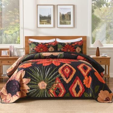 Imagem de Andency Conjunto de cama floral Boho Super King tamanho grande, preto, 3 colchas botânicas de verão com flores de fazenda, com 2 fronhas, conjunto de colcha de microfibra macia reversível para todas