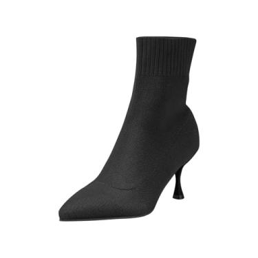 Imagem de Botas femininas de malha com bico fino e salto bloco para uso diário casual botas confortáveis, Preto, 39